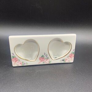 Vintage Porcelain Double Heart Shaped Gold Outline Picture Frames Rose Transfers